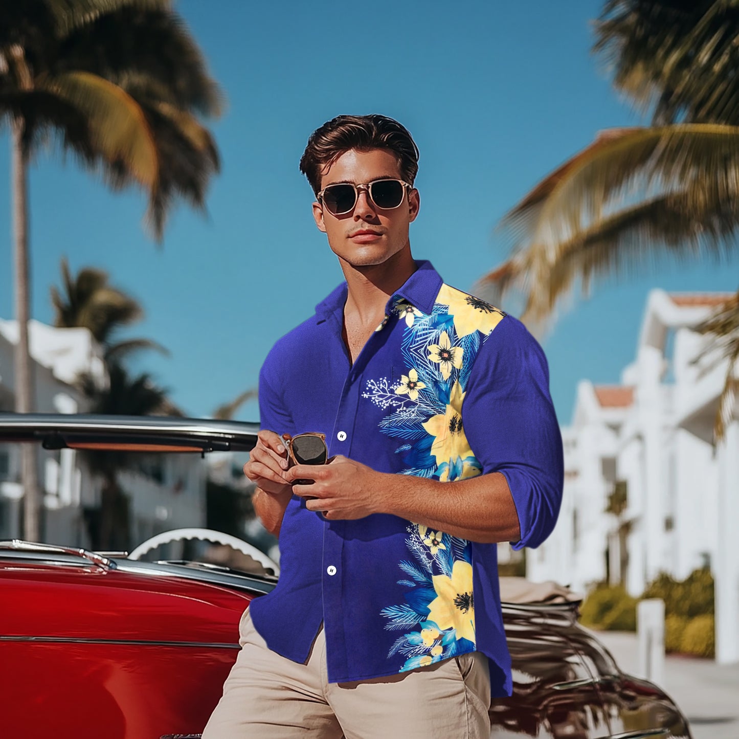 Floral Men's Pocket Long Sleeve Shirts