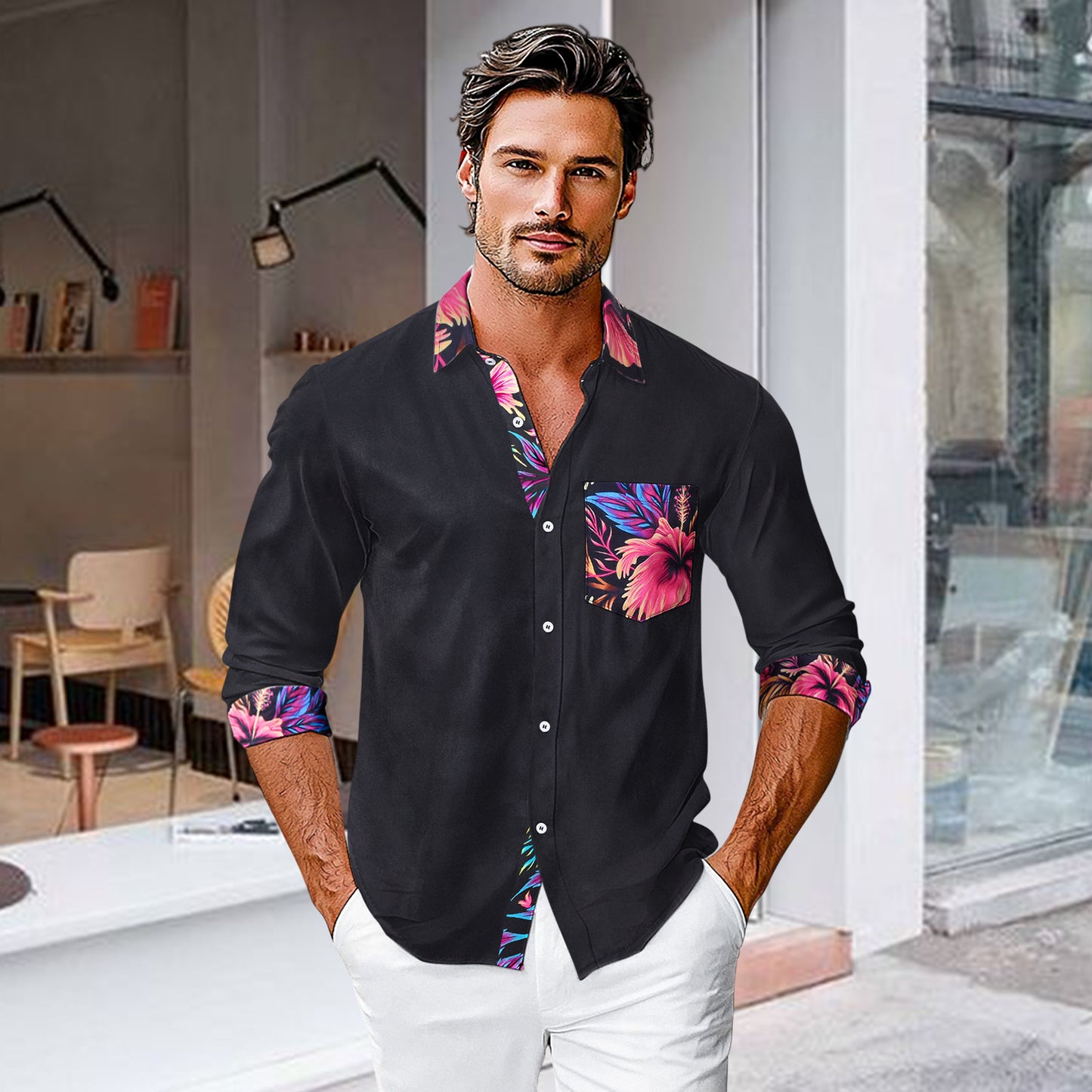 Floral Men's Pocket Long Sleeve Shirts