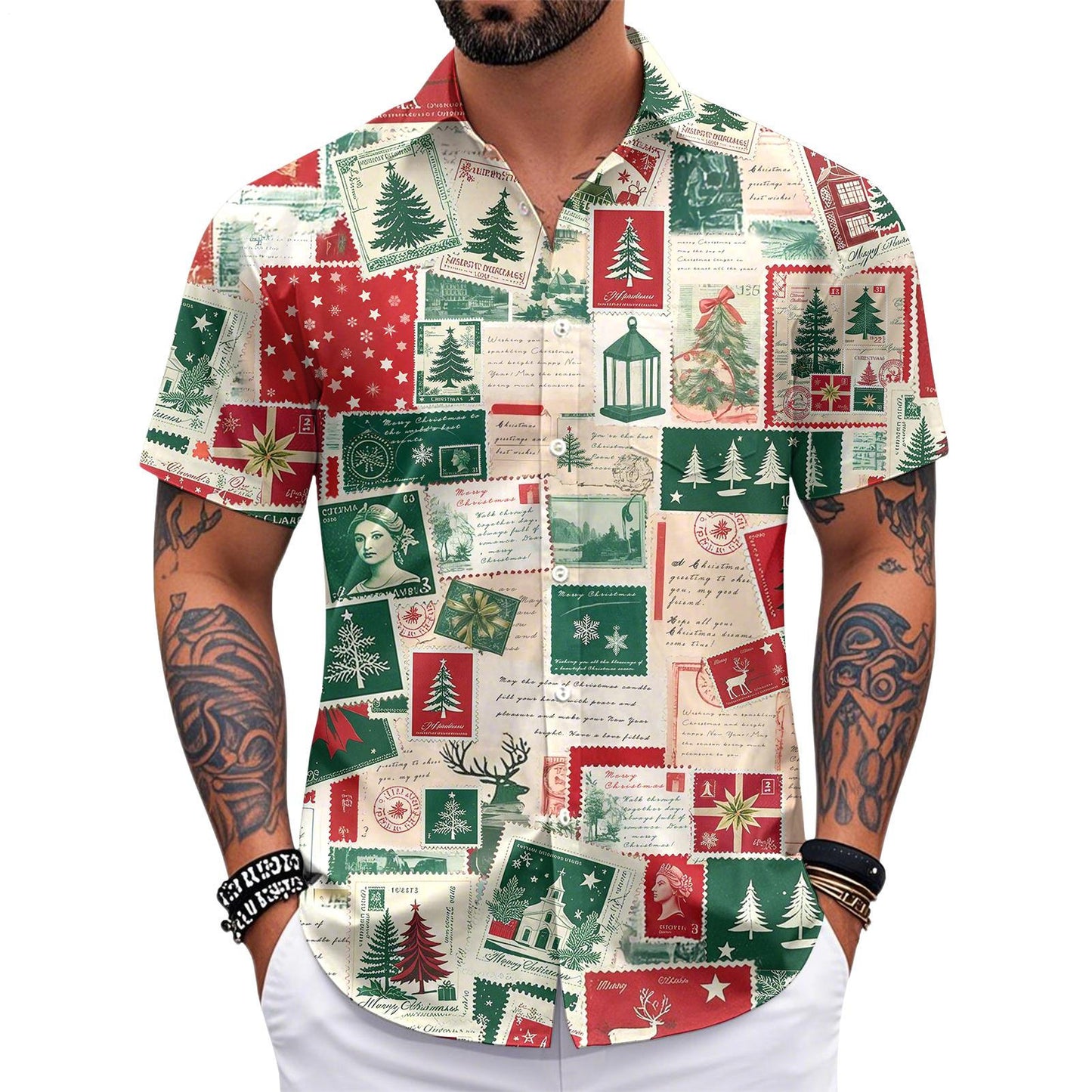 Men's Pocket Christmas Vintage Stamps Short Sleeve Stand Collar Shirts