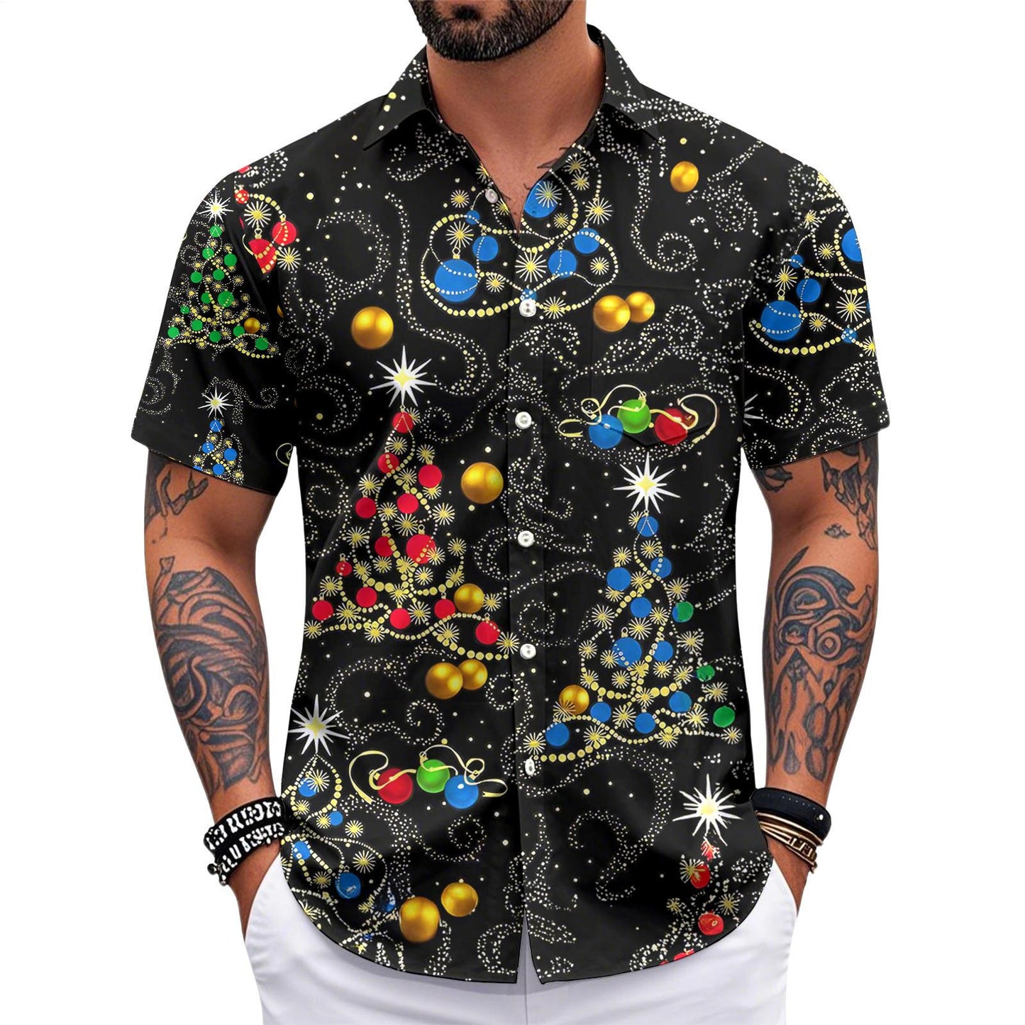 Men's Pocket Colorful Christmas Tree Short Sleeve Stand Collar Shirts