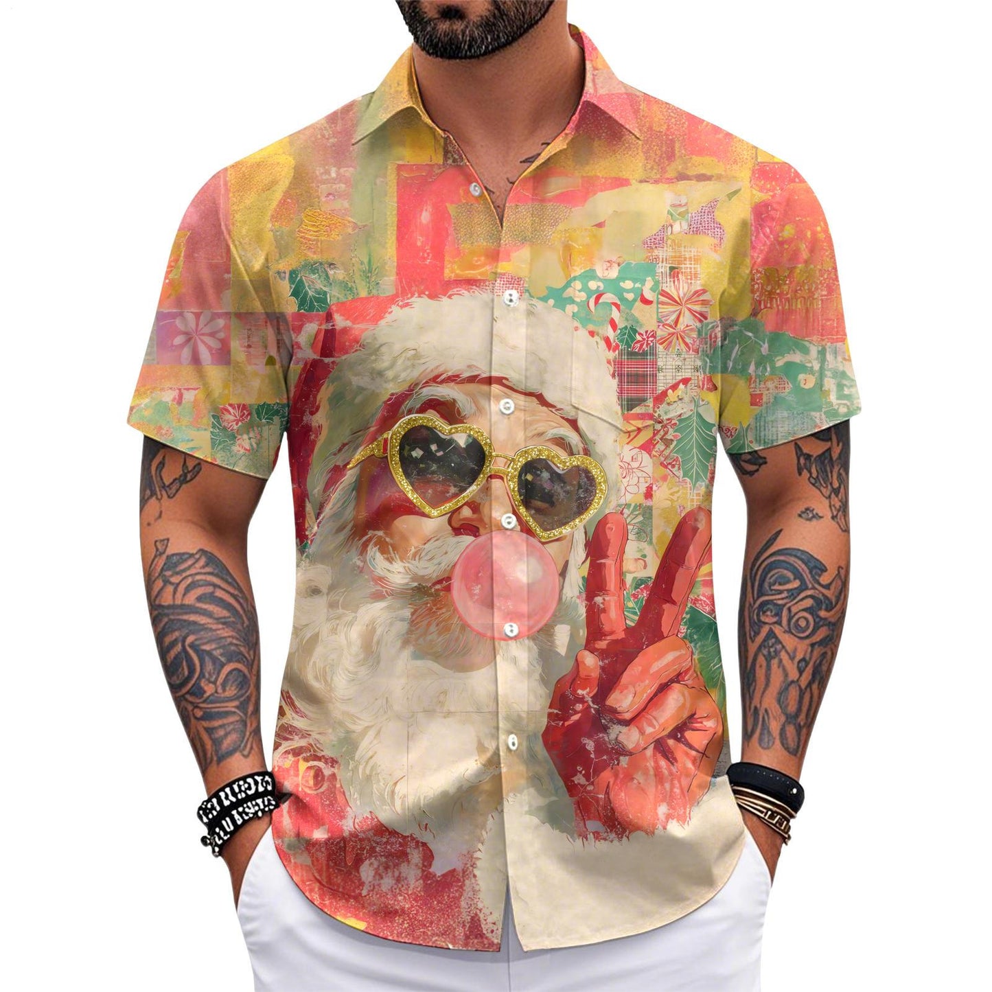 Men's Pocket Holiday Santa Short Sleeve Stand Collar Shirts