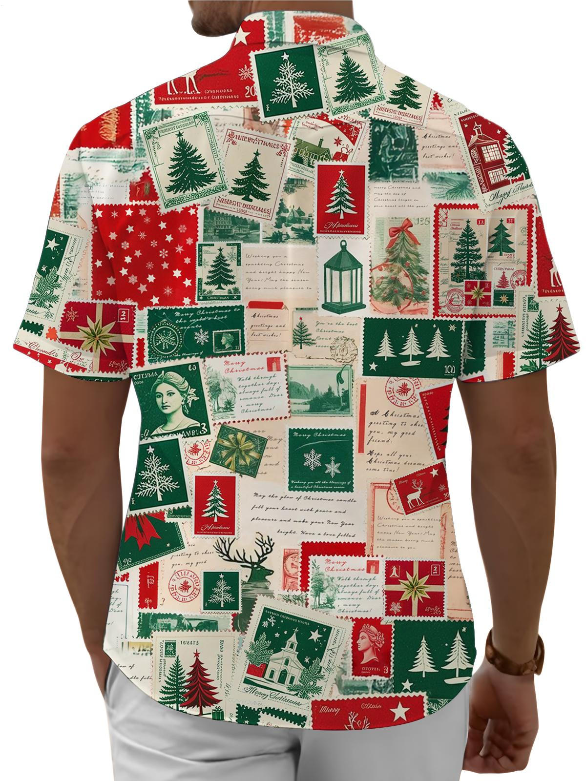 Men's Pocket Christmas Vintage Stamps Short Sleeve Stand Collar Shirts