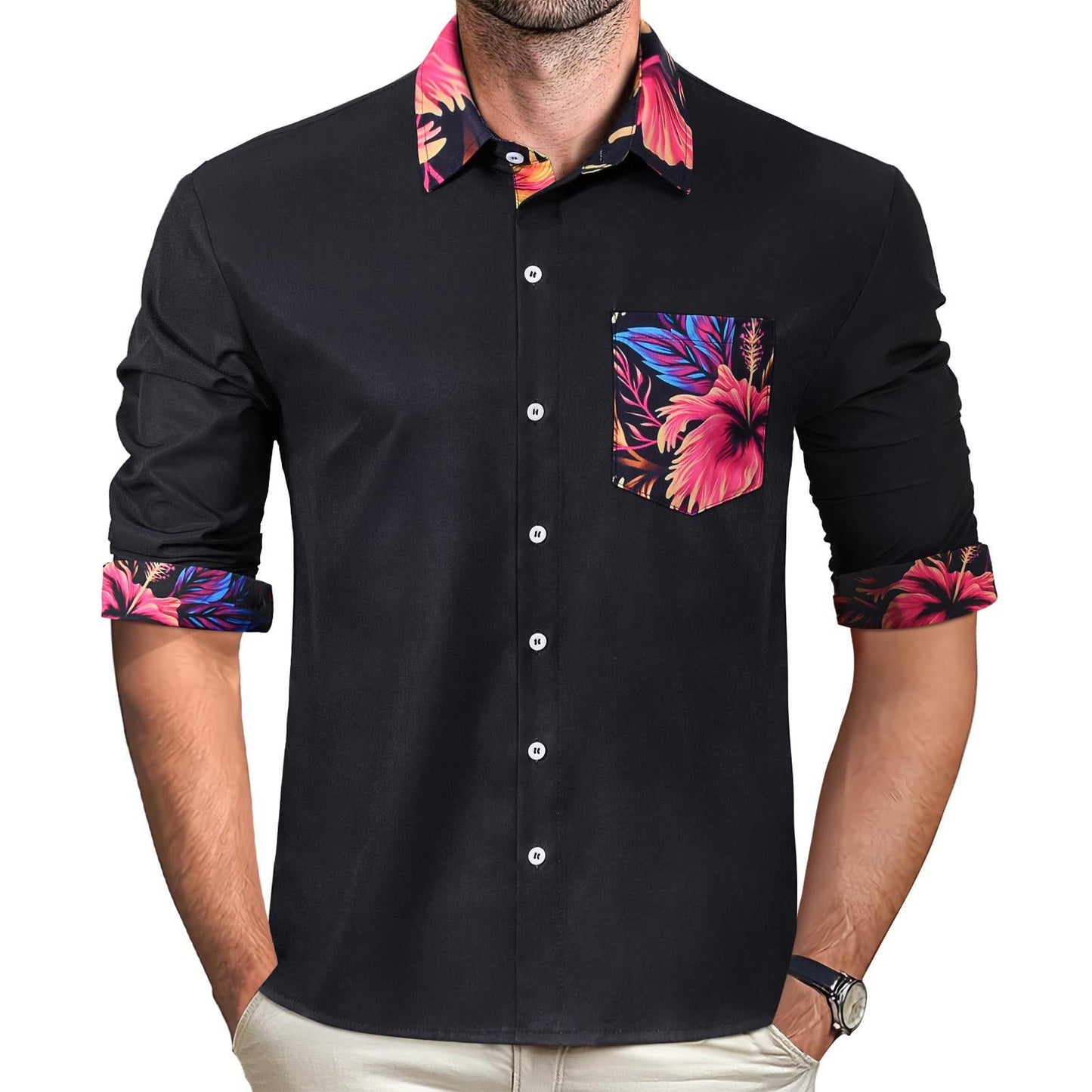 Floral Men's Pocket Long Sleeve Shirts