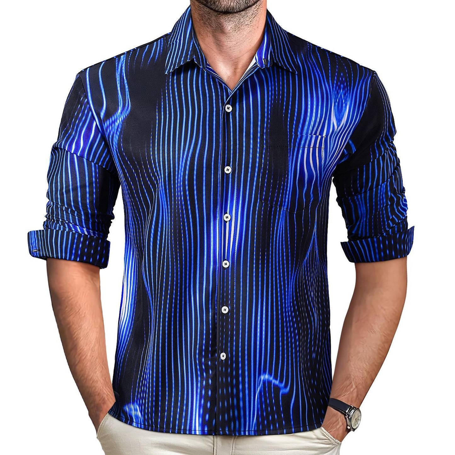 Geometric Stripe Men's Pocket Long Sleeve Shirts