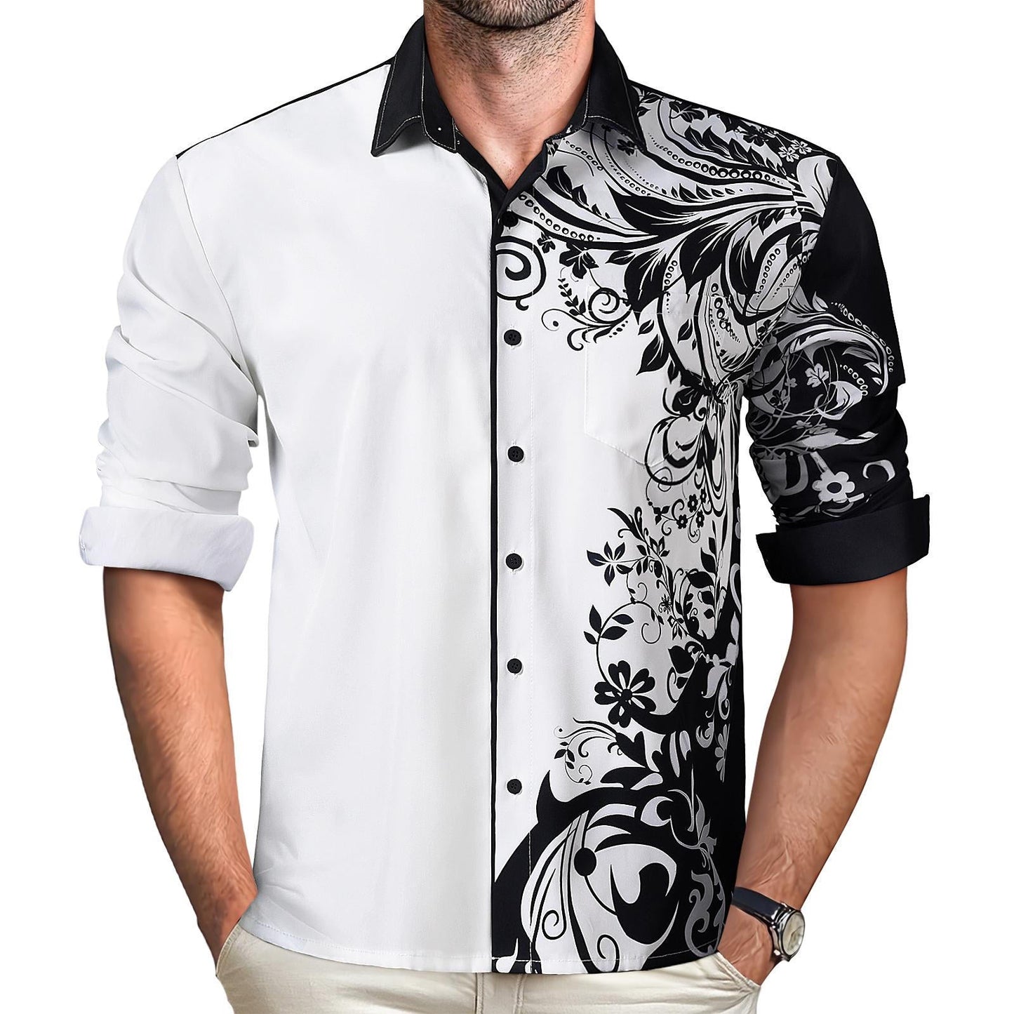 Black White Floral Men's Pocket Long Sleeve Shirts