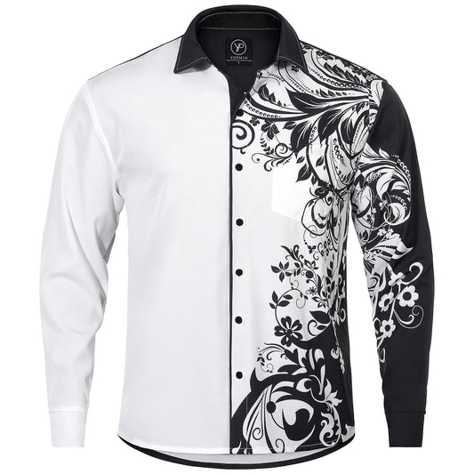 Black White Floral Men's Pocket Long Sleeve Shirts
