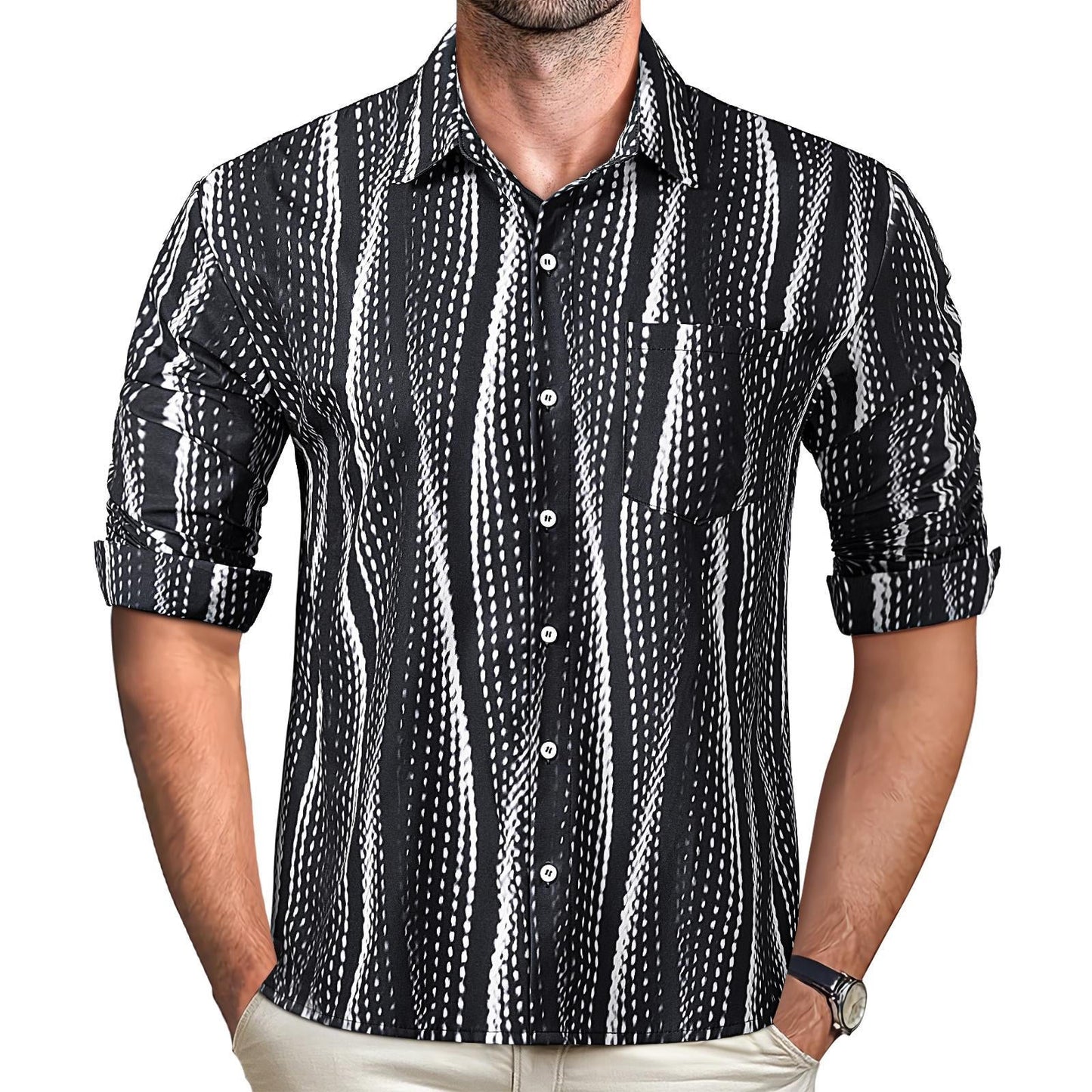 Geometric Stripe Men's Pocket Long Sleeve Shirts