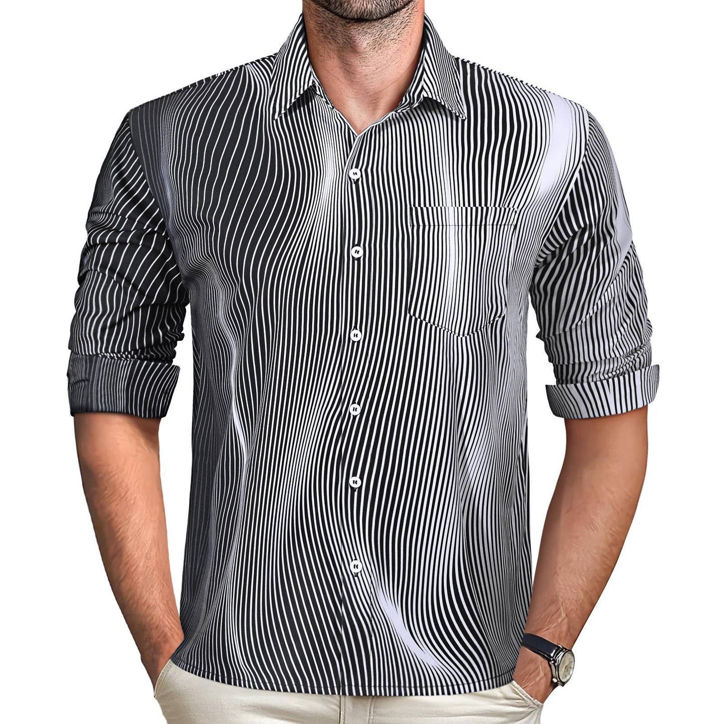 Geometric Stripe Men's Pocket Long Sleeve Shirts