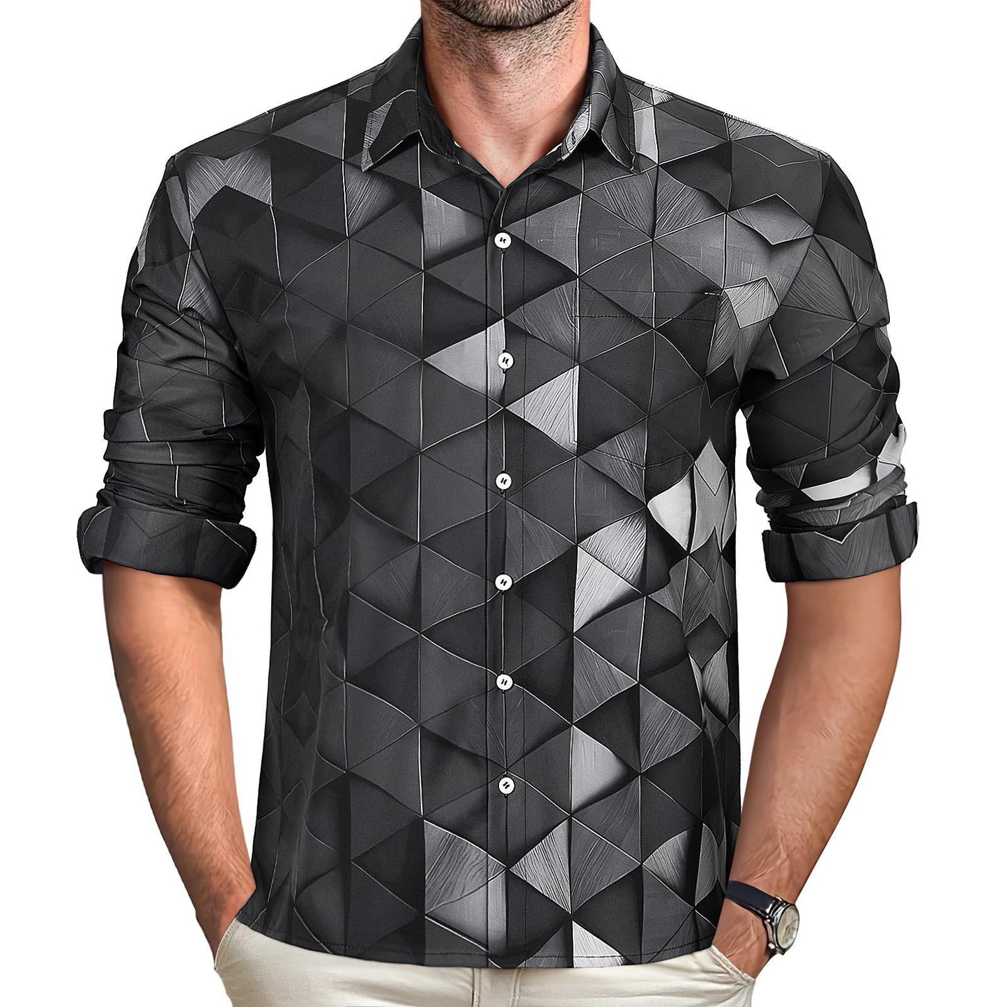 Geometric Men's Pocket Long Sleeve Shirts