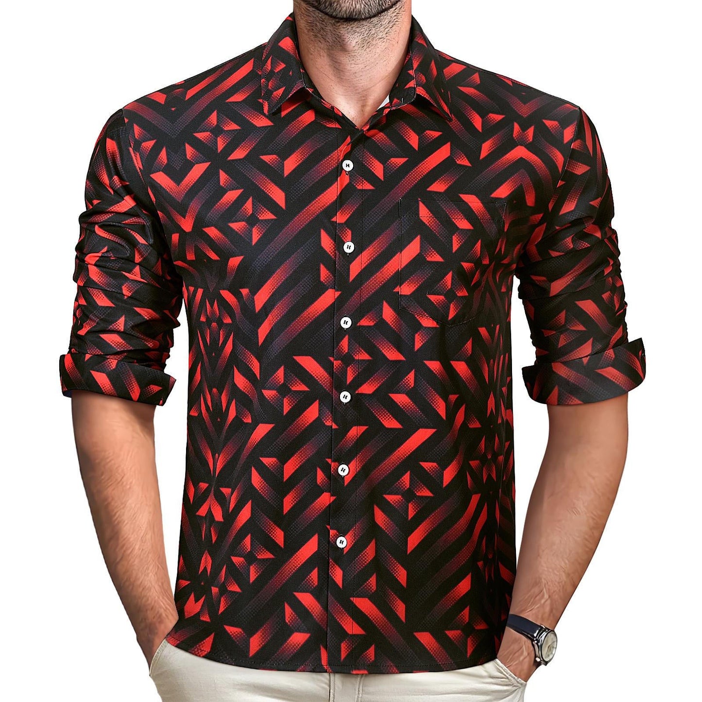 Geometric Men's Pocket Long Sleeve Shirts