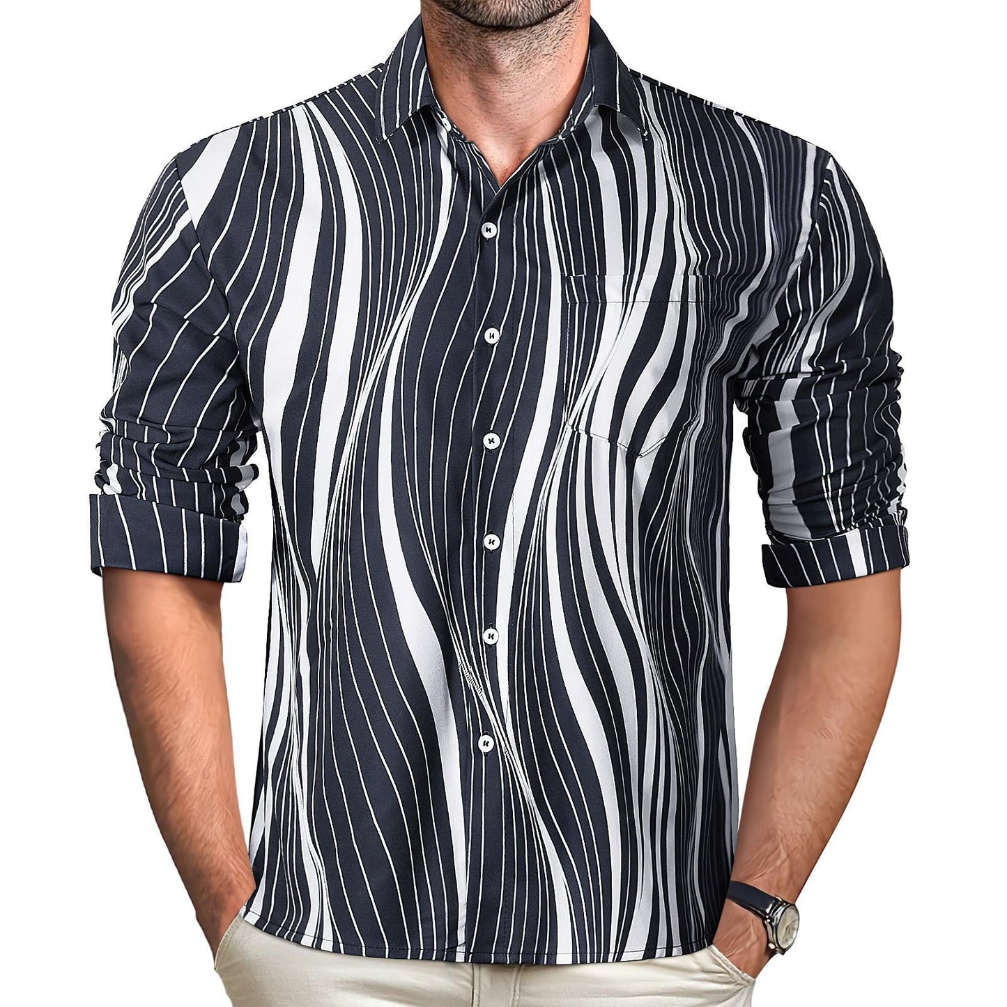 Geometric Stripe Men's Pocket Long Sleeve Shirts