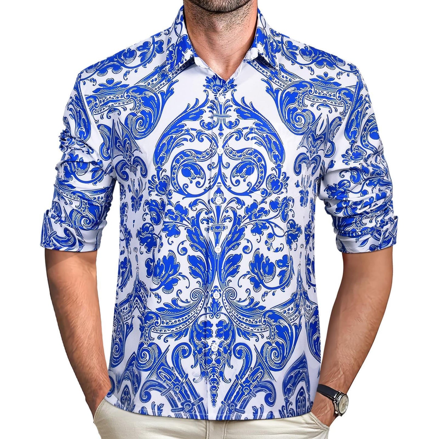 Floral Men's Pocket Long Sleeve Shirts
