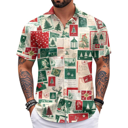 Men's Pocket Christmas Vintage Stamps Short Sleeve Stand Collar Shirts