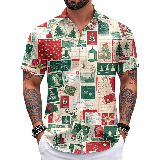 Men's Pocket Christmas Vintage Stamps Short Sleeve Stand Collar Shirts