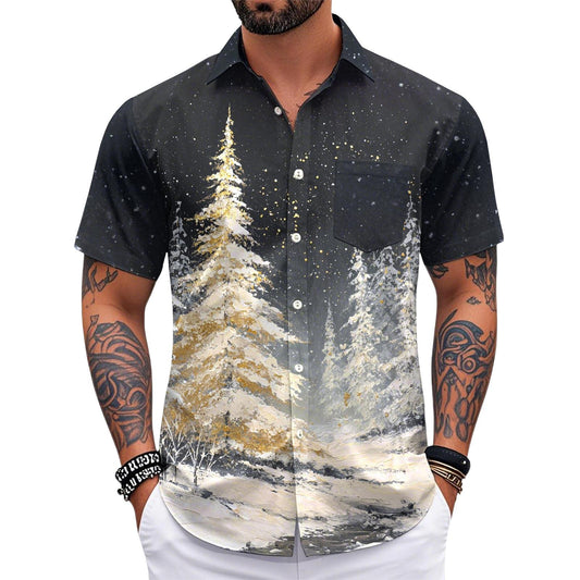 Men's Pocket Christmas Tree Short Sleeve Stand Collar Shirts