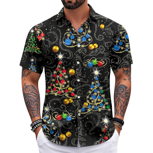 Men's Pocket Colorful Christmas Tree Short Sleeve Stand Collar Shirts
