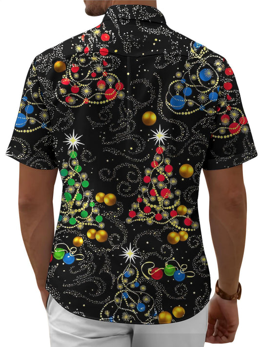 Men's Pocket Colorful Christmas Tree Short Sleeve Stand Collar Shirts