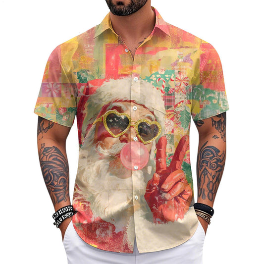 Men's Pocket Holiday Santa Short Sleeve Stand Collar Shirts