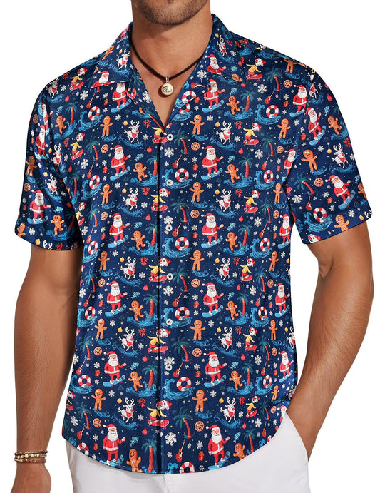 Men's Pocket funny Santa Claus In Hawaiian Style Short Sleeve Stand Collar Shirts