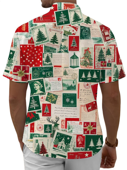 Men's Pocket Christmas Vintage Stamps Short Sleeve Stand Collar Shirts
