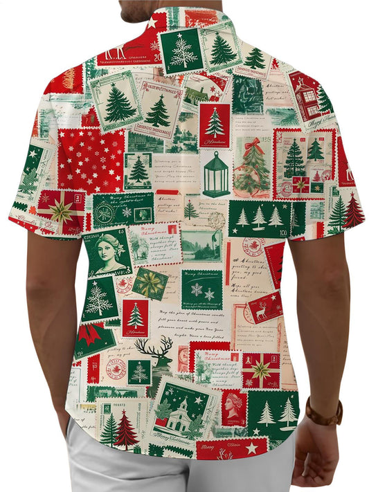 Men's Pocket Christmas Vintage Stamps Short Sleeve Stand Collar Shirts