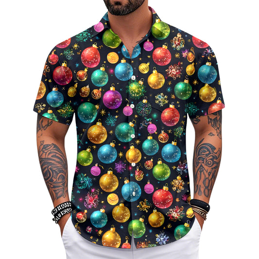 Men's Pocket Christmas Lights Short Sleeve Stand Collar Shirts