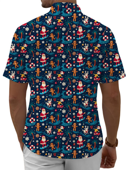 Men's Pocket funny Santa Claus In Hawaiian Style Short Sleeve Stand Collar Shirts