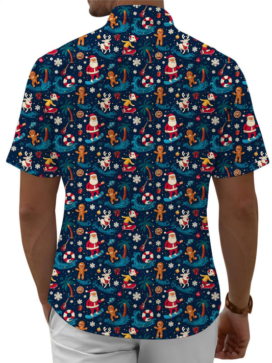 Men's Pocket funny Santa Claus In Hawaiian Style Short Sleeve Stand Collar Shirts
