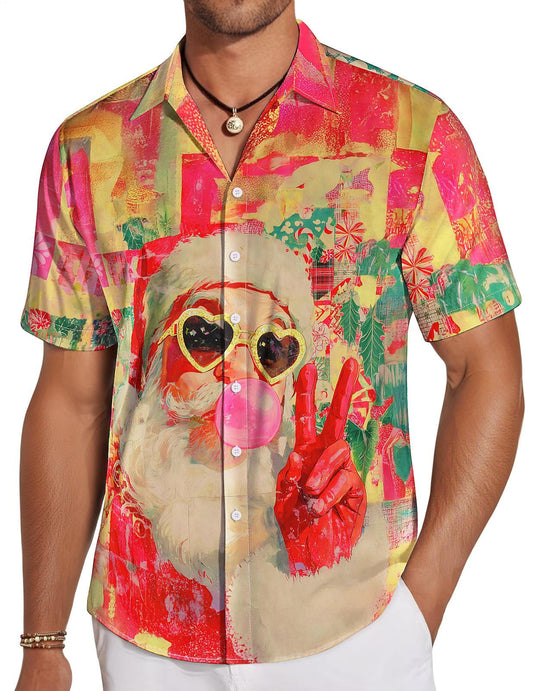 Men's Pocket Holiday Santa Short Sleeve Stand Collar Shirts